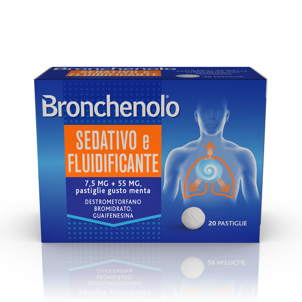 Bronchenolo sedativo e fluidificante, 7,5 mg + 55 mg, pastiglie gusto menta   destrometorfano bromidrato, guaifenesina