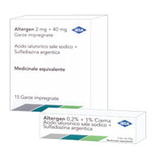 Altergen 0,2% + 1% crema  altergen 2 mg + 40 mg garze impregnate  acido ialuronico sale sodico / sulfadiazina argentica