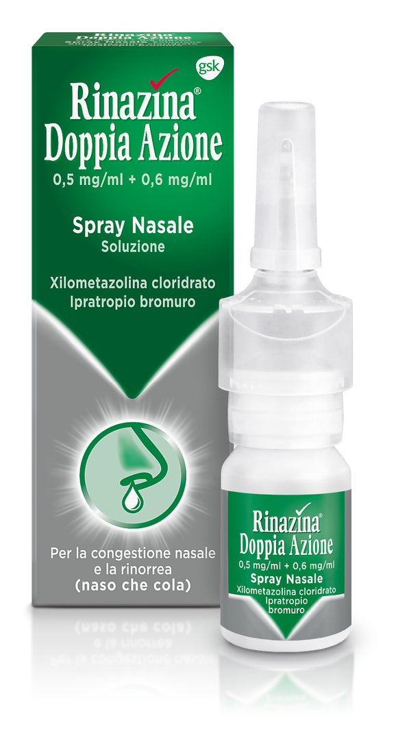 Rinazina doppia azione 0,5 mg/ml + 0,6 mg/ml spray nasale, soluzione xilometazolina cloridrato/ipratropio bromuro