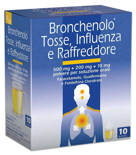 Bronchenolo tosse, influenza e raffreddore 500 mg+200 mg+10 mg polvere per soluzione orale  paracetamolo, guaifenesina e fenilefrina cloridrato