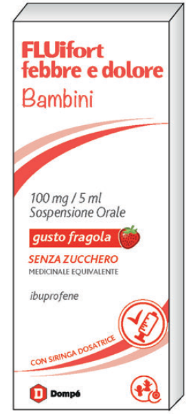 Fluifort febbre e dolore bambini 100mg/5ml sospensione orale gusto fragola senza zucchero  ibuprofene  medicinale equivalente