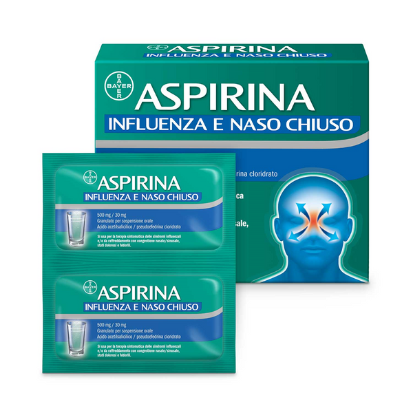 Aspirina influenza e naso chiuso  500 mg / 30 mg granulato per sospensione orale  acido acetilsalicilico 500 mg, pseudoefedrina cloridrato 30mg