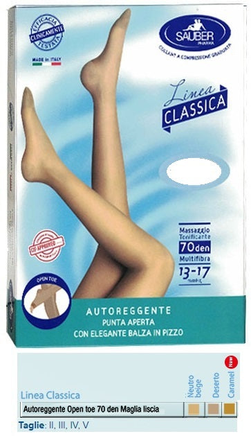 Sauber autoreggente open toe maglia liscia 70 den colore neutro beige taglia 2 linea classica