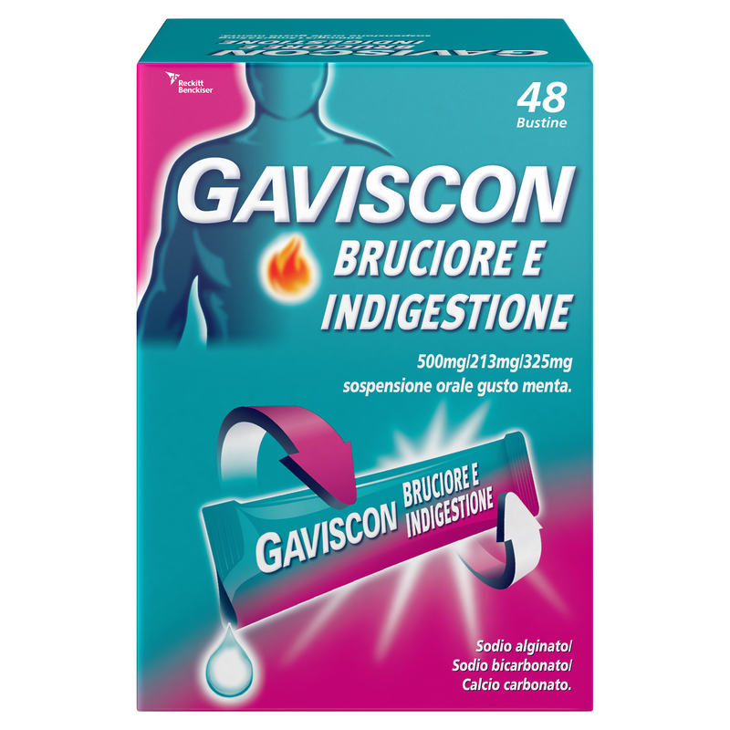 Gaviscon bruciore e indigestione  500mg/213mg/325mg  sospensione orale gusto menta  sodio alginato/sodio bicarbonato/calcio carbonato