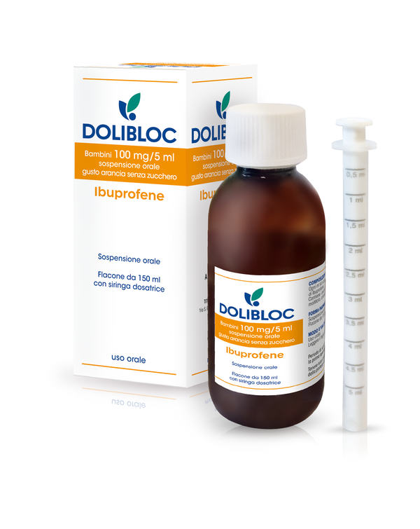 Dolibloc bambini 100 mg/5ml sospensione orale gusto arancia senza zucchero 1 flacone in pet 150ml con siringa dosatrice in pe