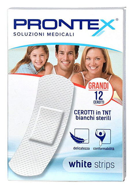 Cerotto prontex white strips in tessuto non tessuto bianco sterile scatola 12 cerotti grandi