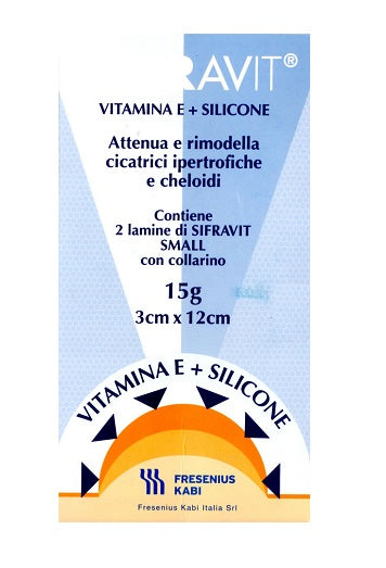 Placca in silicone e vitamina e sifravit dimensioni 3x12cm. indicata nel trattamento di cheloidi e cicatrici ipertrofiche conseguenti ad interventi chirurgici ustioni e ferite