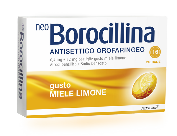 Neoborocillina ant or 6,4 mg + 52 mg pastiglie gusto limone, 16 pastiglie in blister al/pvc