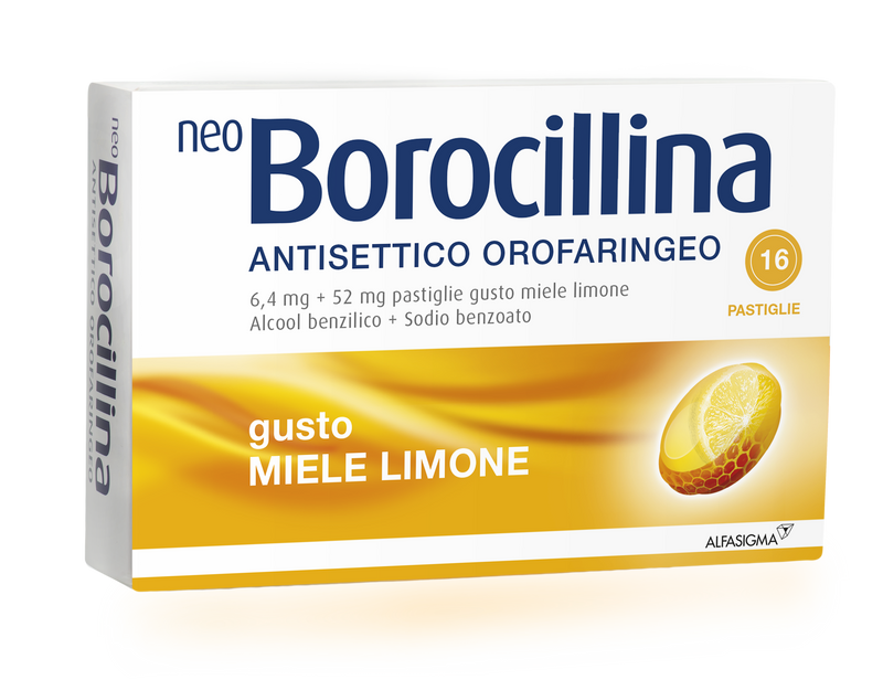 Neoborocillina ant or 6,4 mg + 52 mg pastiglie gusto limone, 16 pastiglie in blister al/pvc