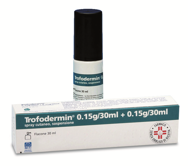 Trofodermin 5 mg/ml + 5 mg/ml spray cutaneo, sospensione  clostebol acetato + neomicina solfato