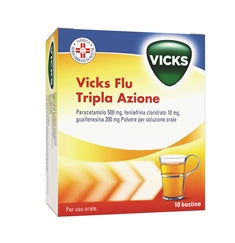 Vicks flu tripla azione 500mg/200mg/10mg polvere per soluzione orale paracetamolo, guaifenesina, fenilefrina hcl