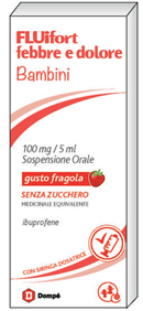 Fluifort febbre e dolore bambini 100mg/5ml sospensione orale gusto fragola senza zucchero  ibuprofene  medicinale equivalente