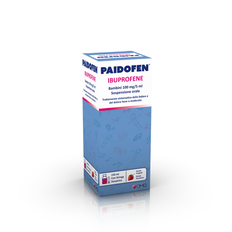 Paidofen bambini 100 mg/5 ml sospensione orale gusto fragola senza zucchero 1 flacone da 150 ml con siringa dosatrice