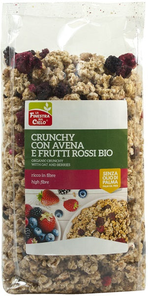 Fsc crunchy con avena e frutti rossi bio ad alto contenuto di fibre con olio di girasole senza olio di palma 375 g