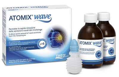 Atomix wave dispositivo per igiene rinofaringea atomix soluzione salina 250 ml 2 pezzi + terminale nasale + erogatore a soffietto