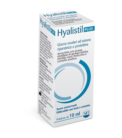 Gocce oculari hyalistil plus acido ialuronico 0,4% acqua distillata di ginkgo biloba + mirtillo nero + finocchio + centella asiatica 10 ml