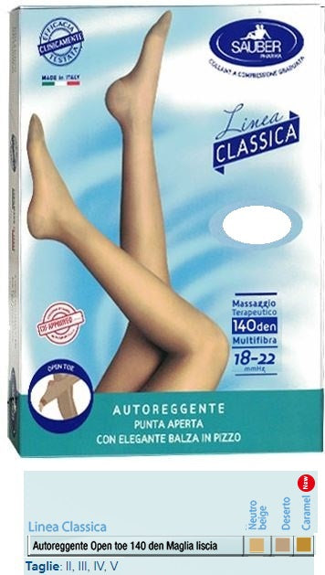 Sauber autoreggente open toe maglia liscia 140 den colore neutro beige taglia 2 linea classica