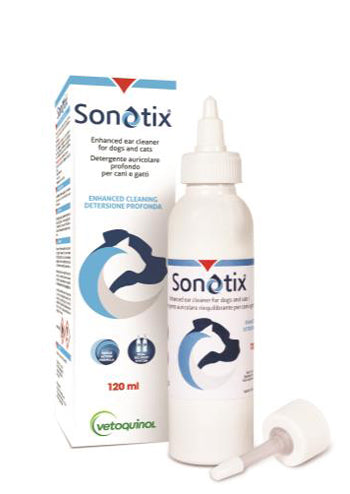 Sonotix detergente auricolare profondo cani e gatti 120 ml + cannula corta rigida + cannula lunga flessibile