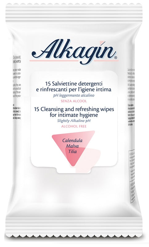 Alkagin salviettine detergenti e rinfrescanti per l'igiene intima ph leggermente alcalino senza alcool 15 pezzi calendula malva e tilia