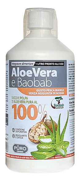 Puro aloe vera succo e polpa 100% + baobab pesca bianca 1 litro