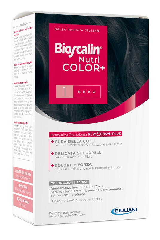 Bioscalin nutricolor plus 1 nero crema colorante 40 ml + rivelatore crema 60 ml + shampoo 12 ml + trattamento finale balsamo 12 ml