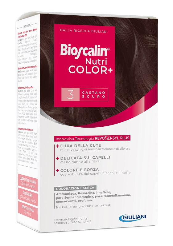 Bioscalin nutricolor plus 3 castano scuro crema colorante 40 ml + rivelatore crema 60 ml + shampoo 12 ml + trattamento finale balsamo 12 ml