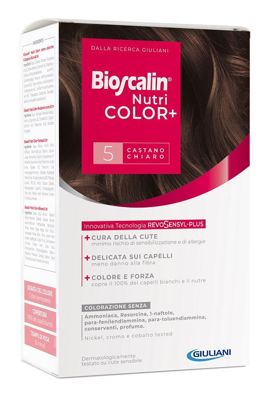 Bioscalin nutricolor plus 5 castano chiaro crema colorante 40 ml + rivelatore crema 60 ml + shampoo 12 ml + trattamento finale balsamo 12 ml