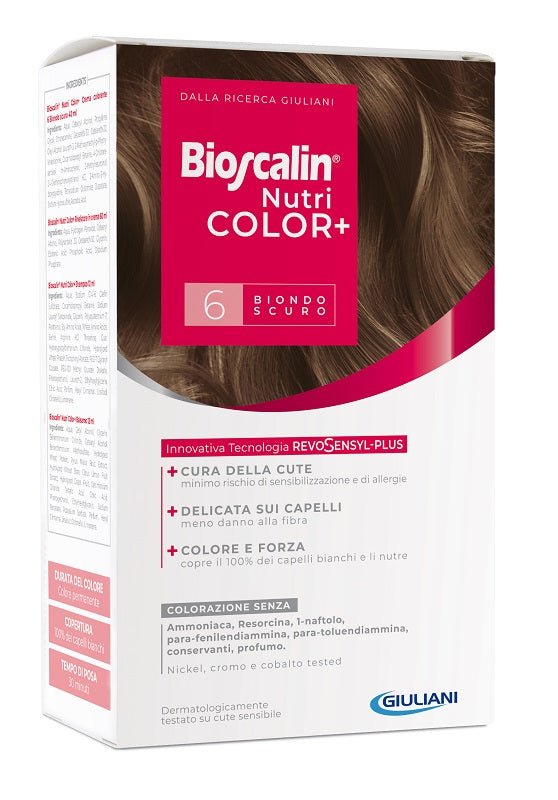 Bioscalin nutricolor plus 6 biondo scuro crema colorante 40 ml + rivelatore crema 60 ml + shampoo 12 ml + trattamento finale balsamo 12 ml
