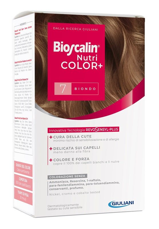 Bioscalin nutricolor plus 7 biondo crema colorante 40 ml + rivelatore crema 60 ml + shampoo 12 ml + trattamento finale balsamo 12 ml