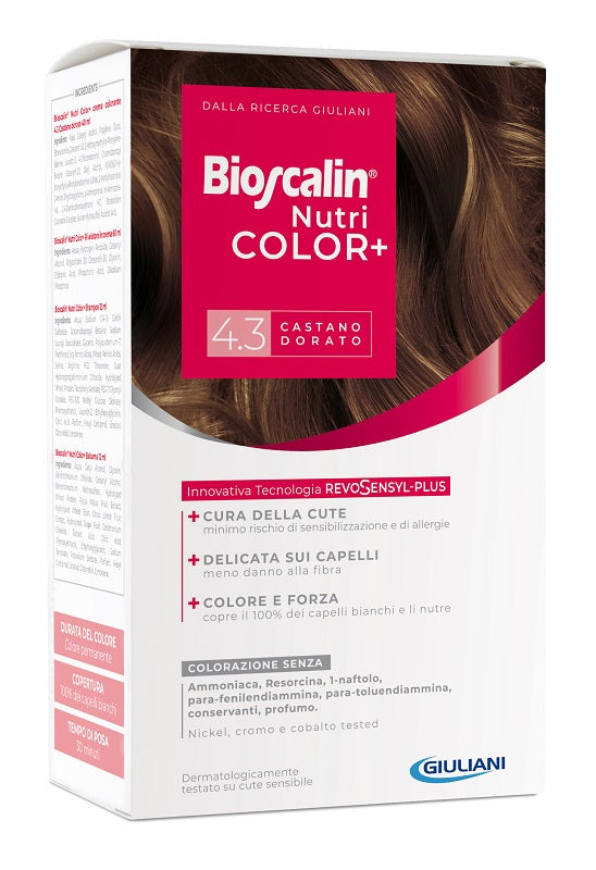 Bioscalin nutricolor plus 4,3 castano dorato crema colorante 40 ml + rivelatore crema 60 ml + shampoo 12 ml + trattamento finale balsamo 12 ml