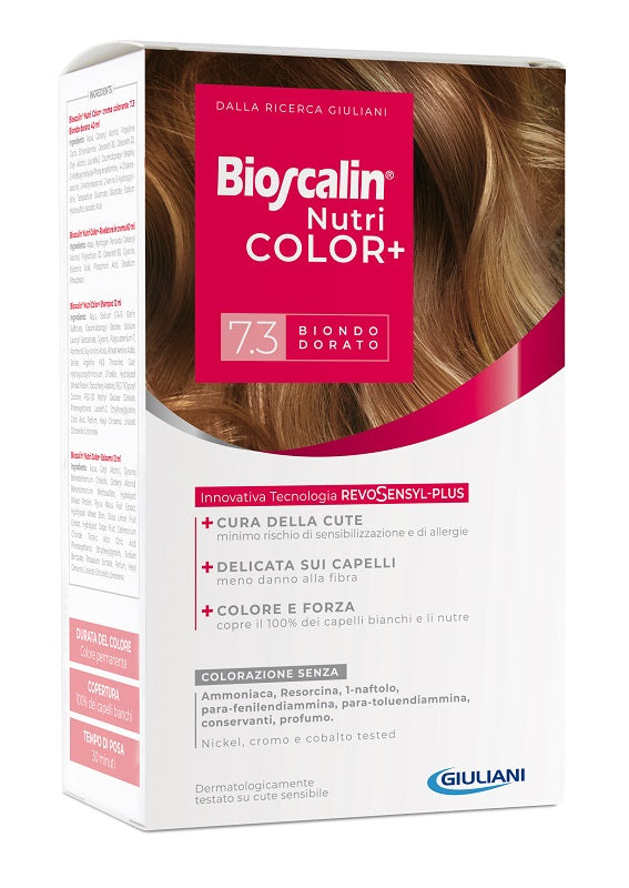 Bioscalin nutricolor plus 7,3 biondo dorato crema colorante 40 ml + rivelatore crema 60 ml + shampoo 12 ml + trattamento finale balsamo 12 ml